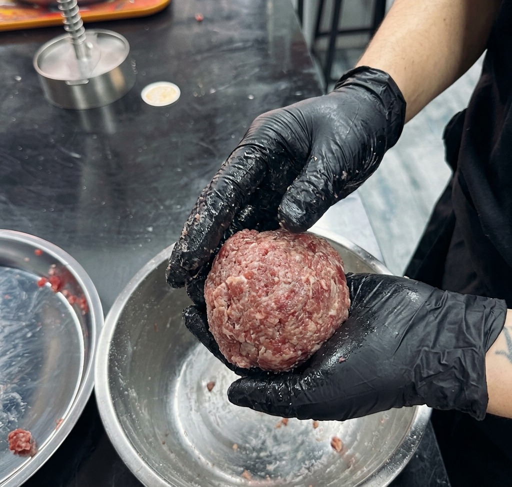 黒い手袋をはめた両手の間で、肉の塊をキャッチボールするように叩きつけている様子。