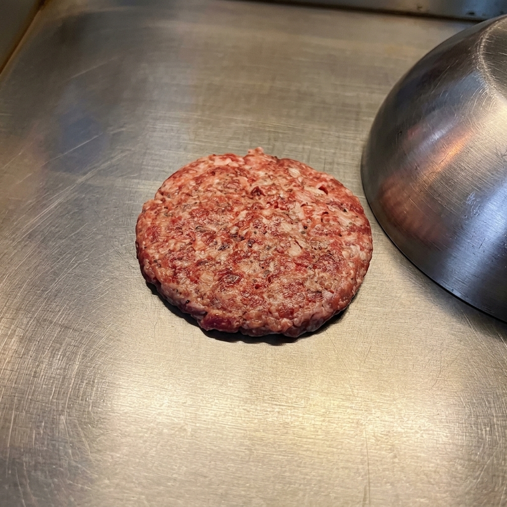 グリドルで焼かれているパティの横に、大きな金属製のドーム蓋が準備されている様子。