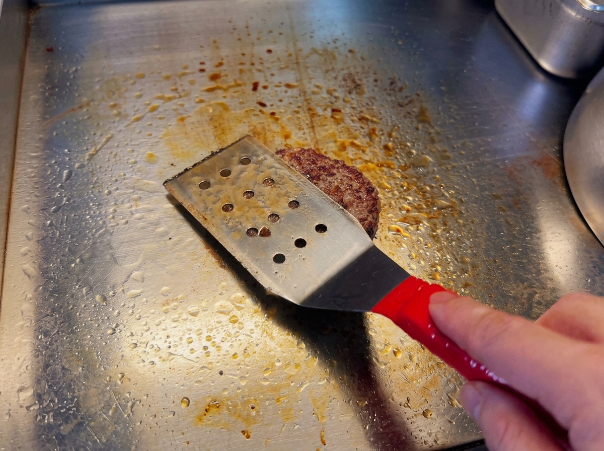 スパチュラを使って、ジュージューと焼けるパティを軽く押し付けている様子。