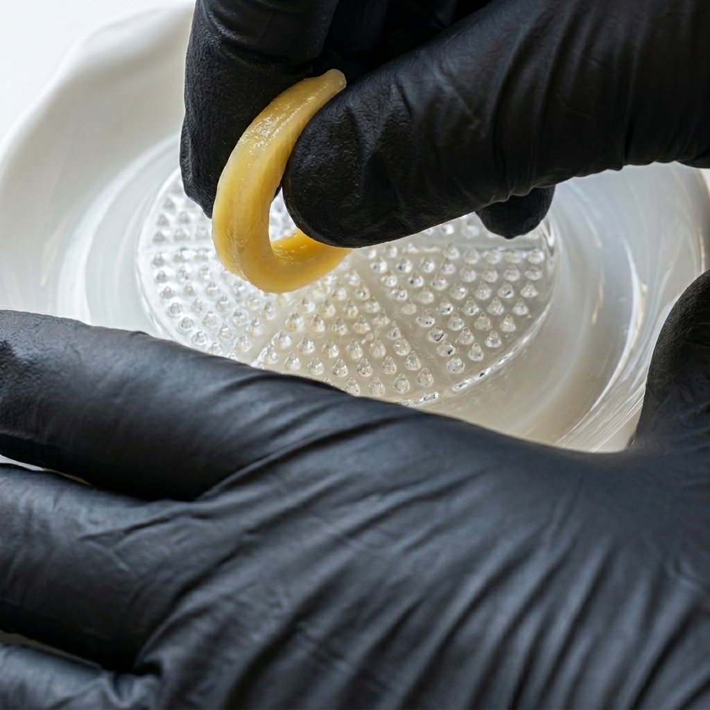 おろし器を使って、新鮮なにんにくを一房丁寧におろしている様子。