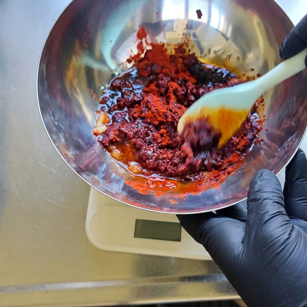 ボウルの中で、ヘラを使って真っ赤な調味料を均一になるまで混ぜ合わせている様子。