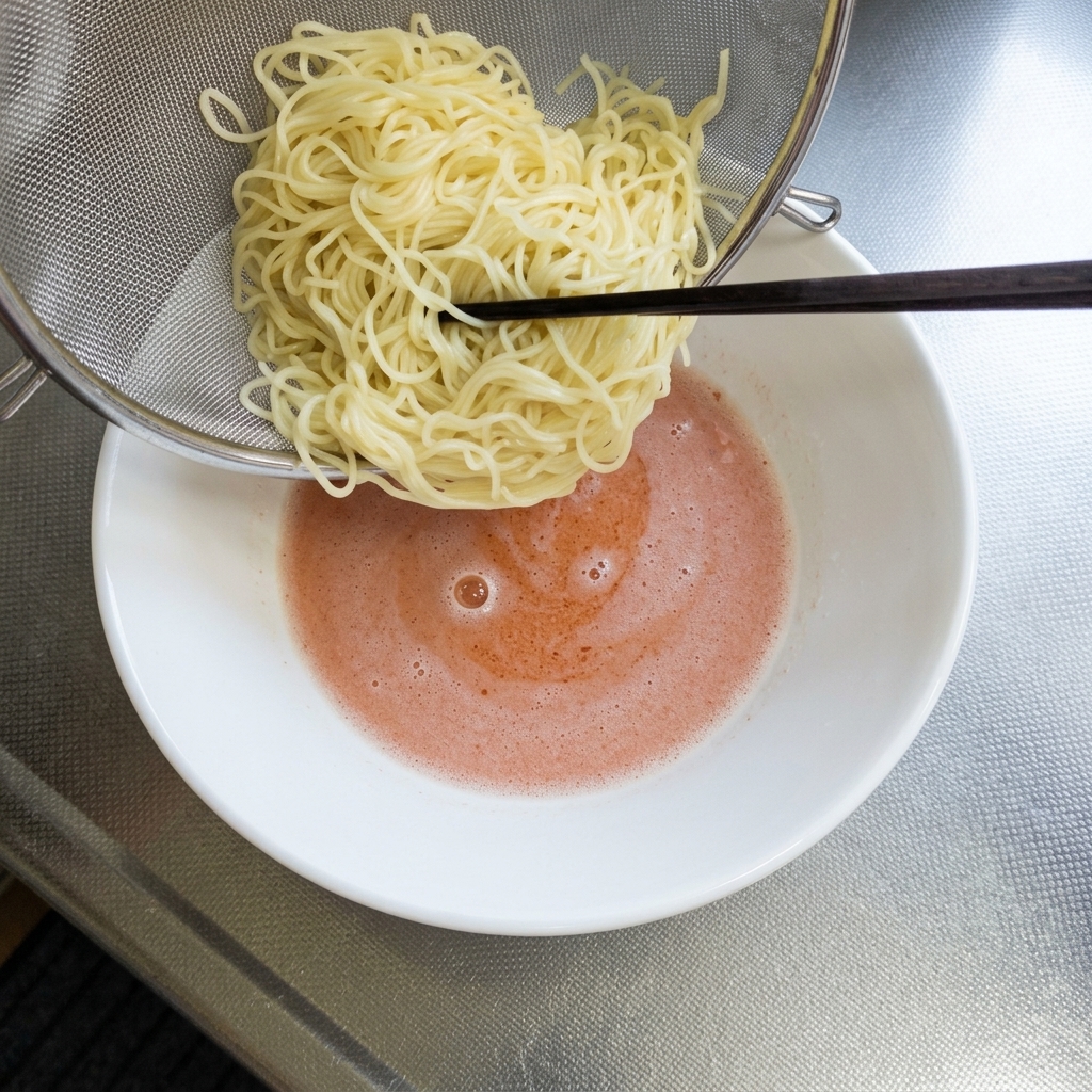 テボ(振りザル)で湯切りした細麺を、オレンジ色のスープに静かに入れている様子。