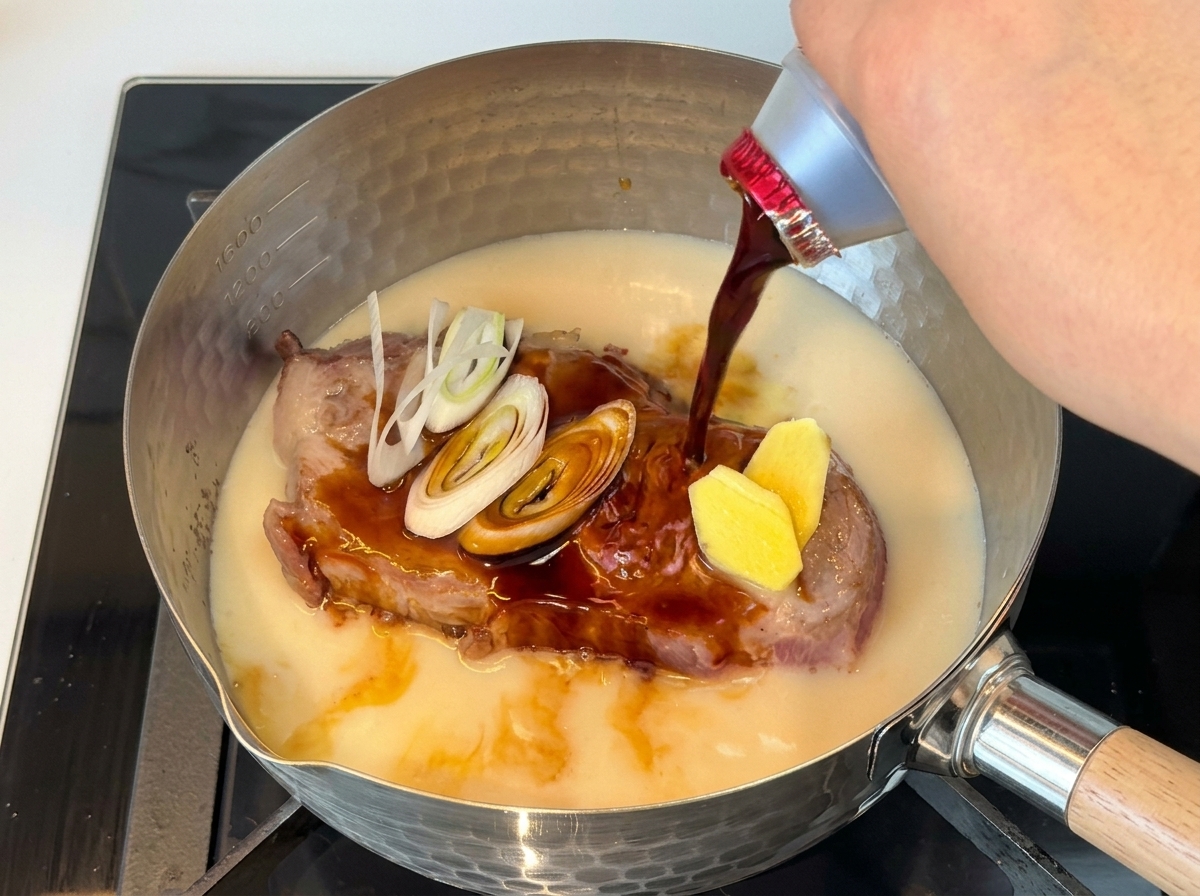白濁した煮汁の中にいる豚肉に、醤油を注いでいる様子。