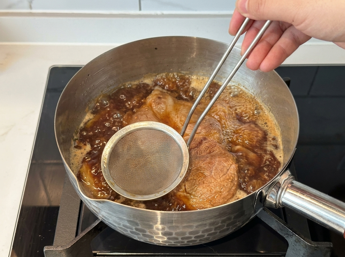 茶色の煮汁が沸騰している鍋の中で、アクをすくいながら豚肉を煮る様子。