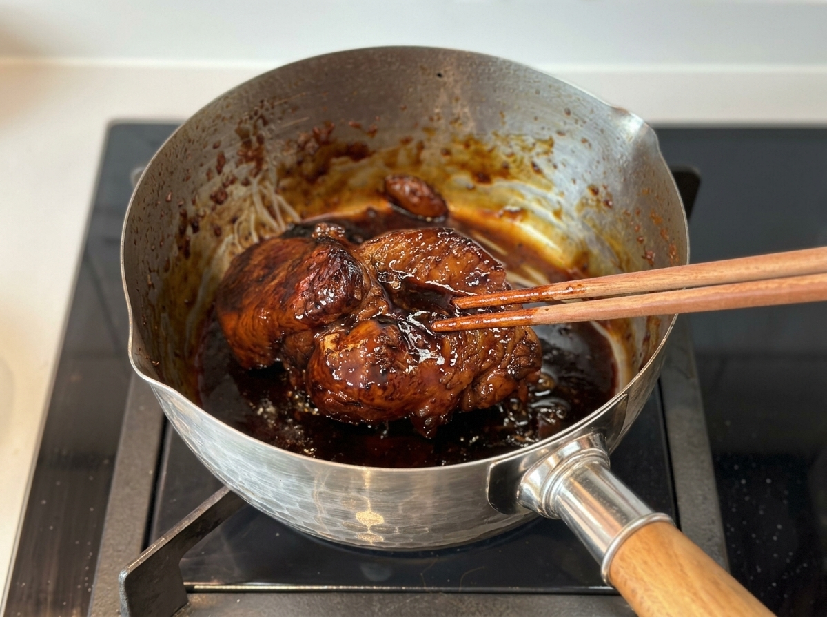箸で持ち上げられた、濃い飴色に輝く照り焼き風のチャーシュー。