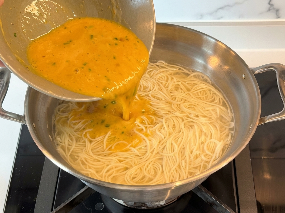 ゆで汁と麺が入った鍋に、器で作ったクリーミーなスープベースを流し込む様子。