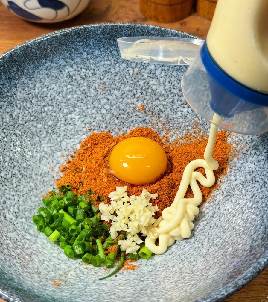 卵黄や薬味が入った丼に、ボトルから白いマヨネーズを絞り出す様子。