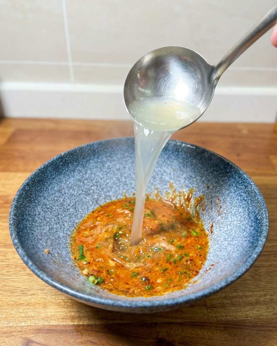 お玉で熱湯をオレンジ色の調味料ペーストに注ぎ入れ、かき混ぜる様子。
