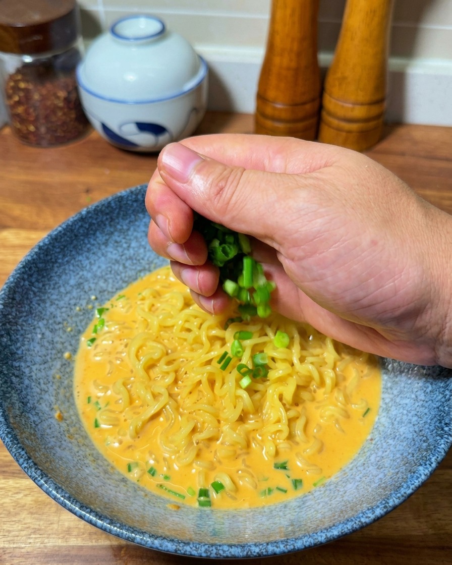 出来立てのラーメンの上に、たっぷりの刻みねぎをトッピングしている様子。
