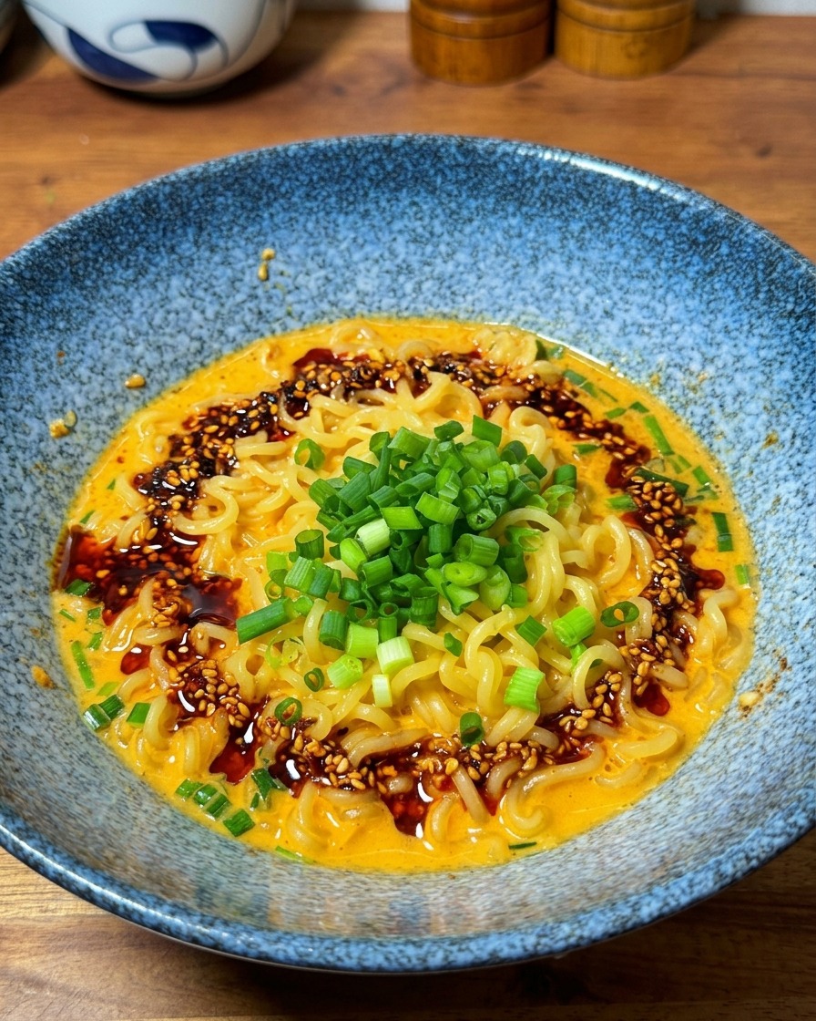 ねぎがのったラーメンに、赤いラー油を回しかけている様子。