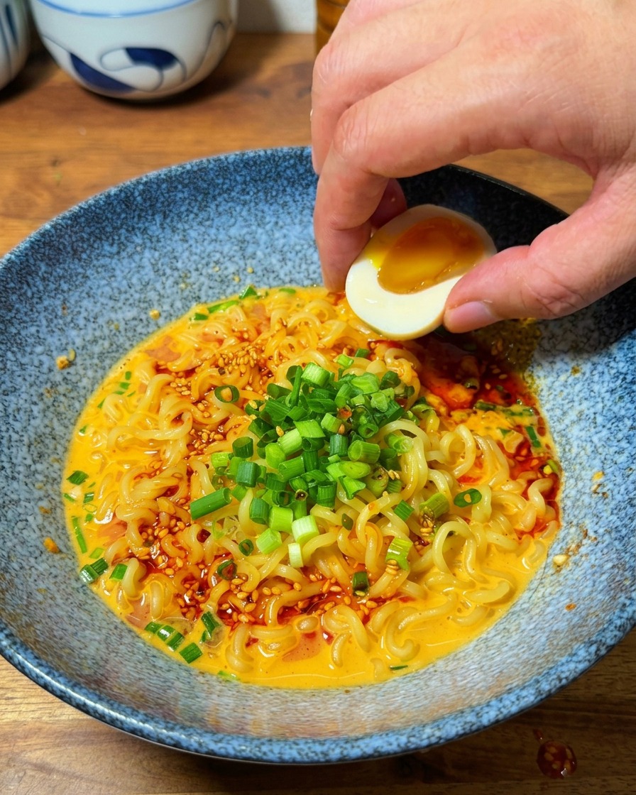 半分に切った半熟卵を、ラーメンの鉢に盛り付けている様子。