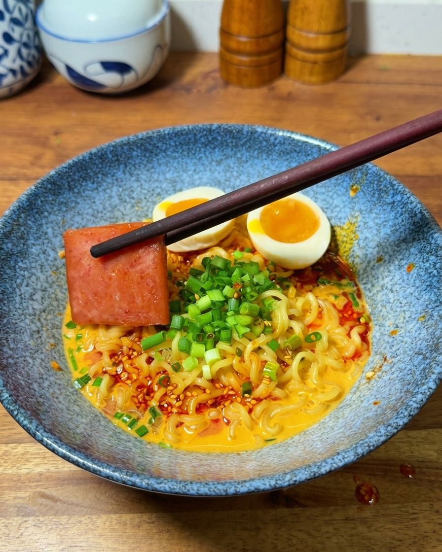 箸でこんがり焼けたランチョンミートをラーメンの上にのせる様子。