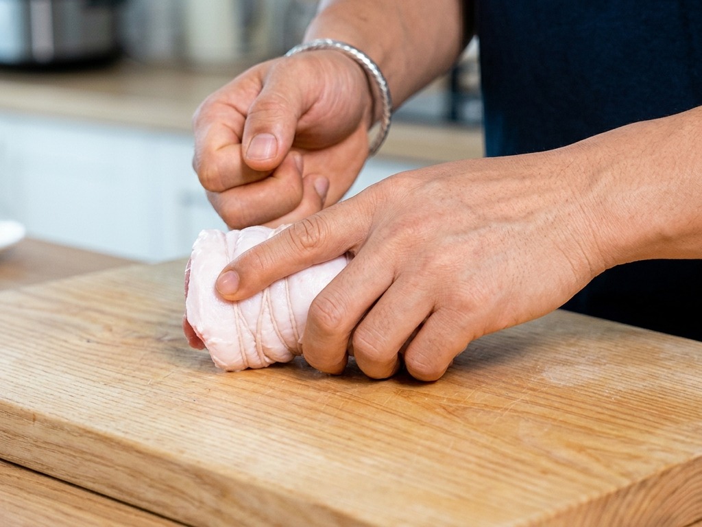 木製のまな板の上で、タコ糸を使って生の豚バラ肉をきつく円筒状に縛っている様子。