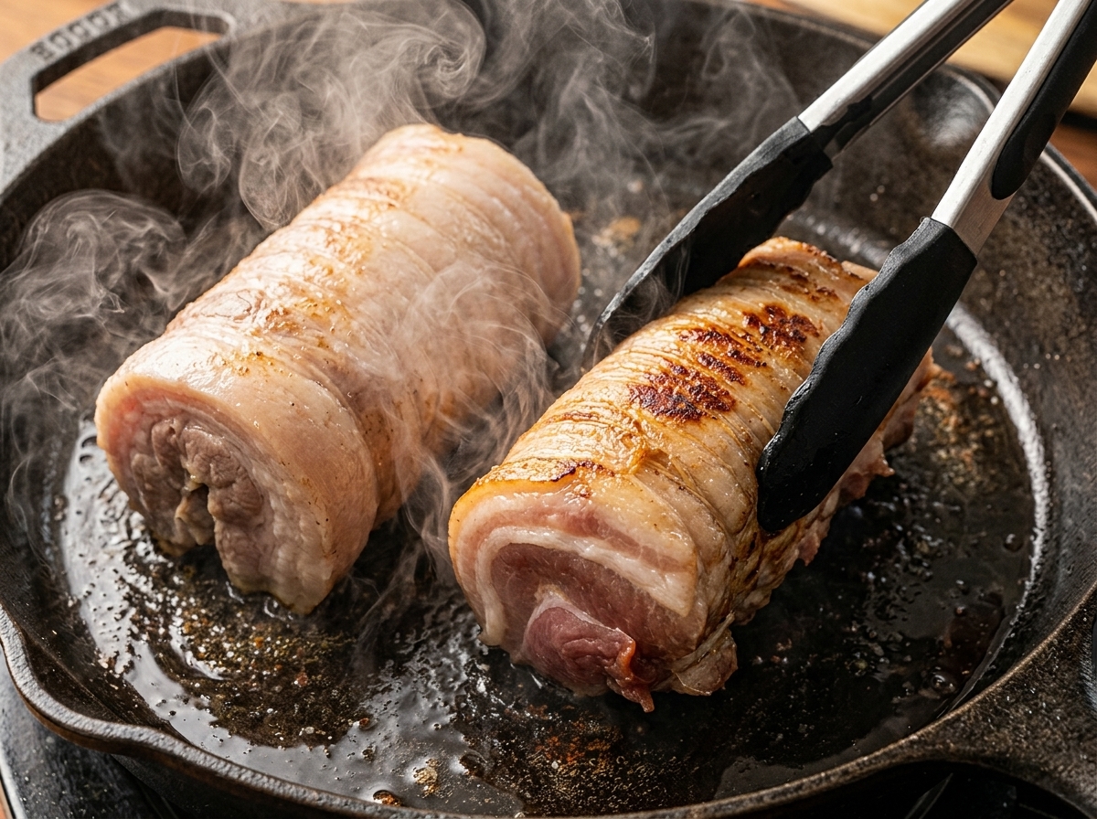 熱いスキレットで2つの豚バラロールを焼き、トングで返しながら香ばしい焼き目をつけている様子。
