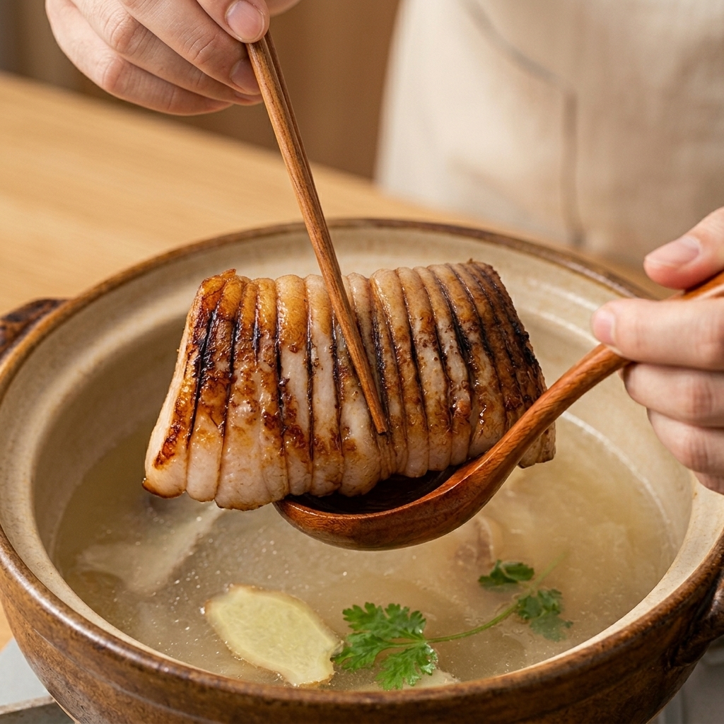 茹で上がった豚バラロールを、木べらと箸を使って慎重に鍋から引き上げている様子。