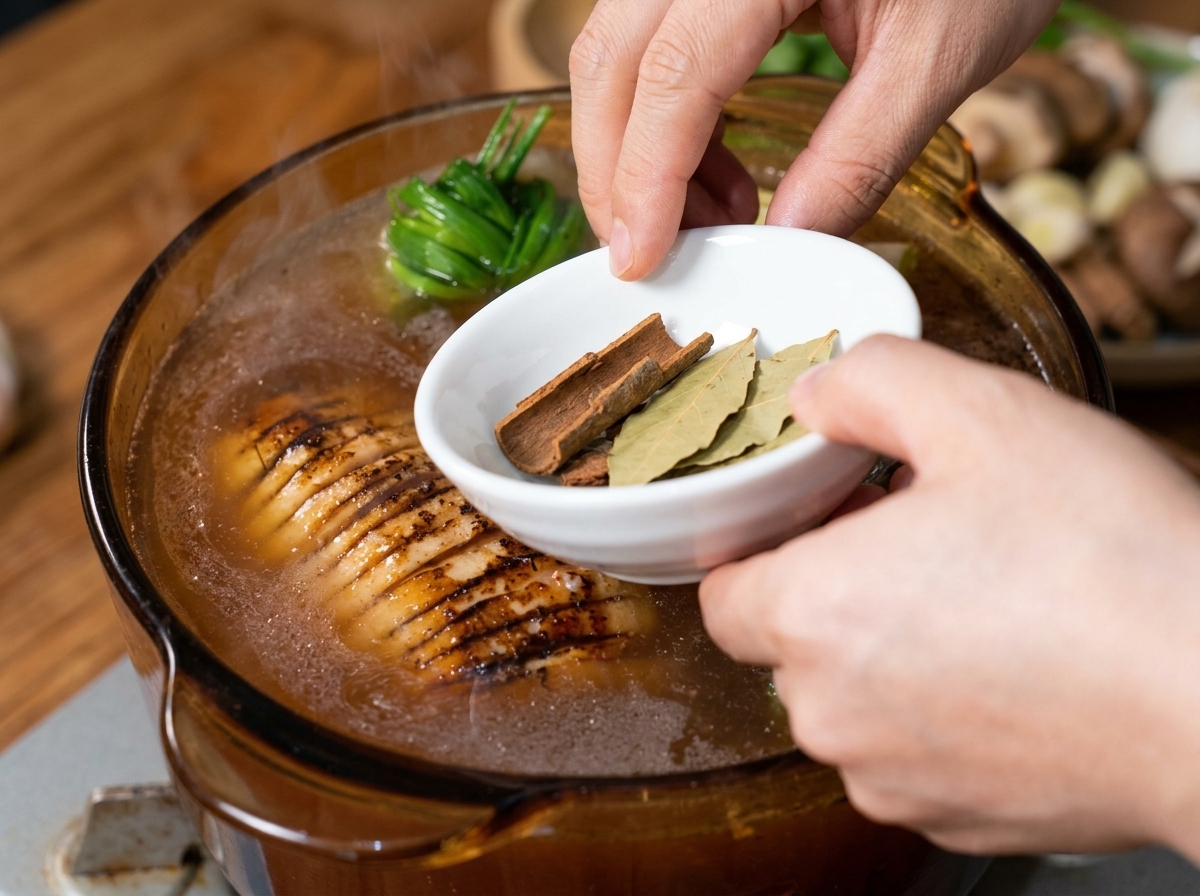 煮汁の入った鍋に、シナモンスティックとローリエを加えて混ぜ合わせている様子。