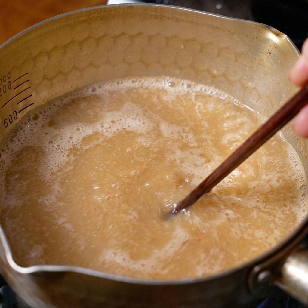熱いスープの中で、箸を使って味噌を丁寧に溶かしている様子。