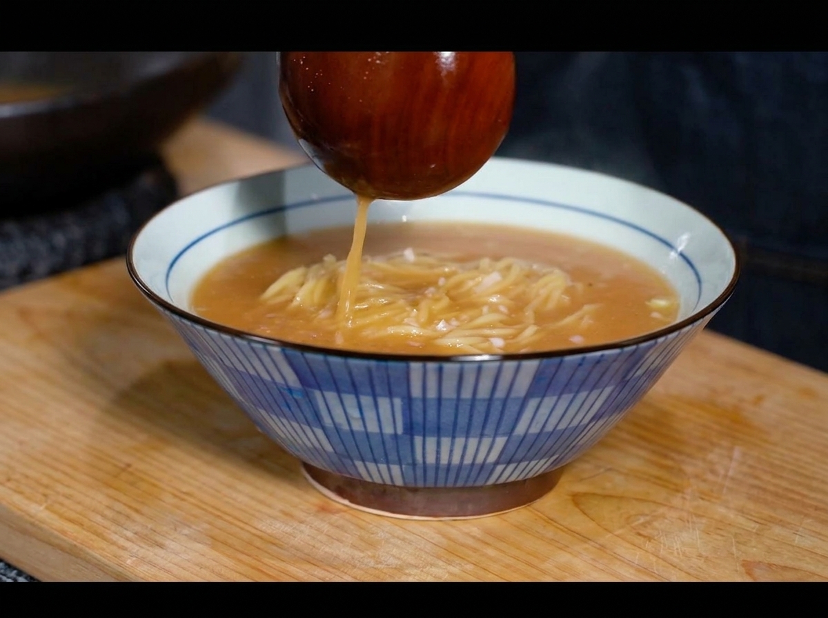 器に入れた麺の上に、お玉を使って熱い味噌スープをたっぷりと注いでいる様子。