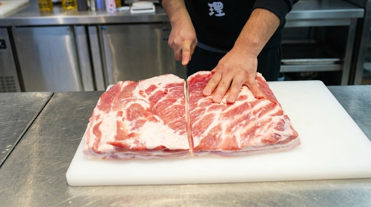大きな豚バラ肉の塊を半分に切り分ける様子