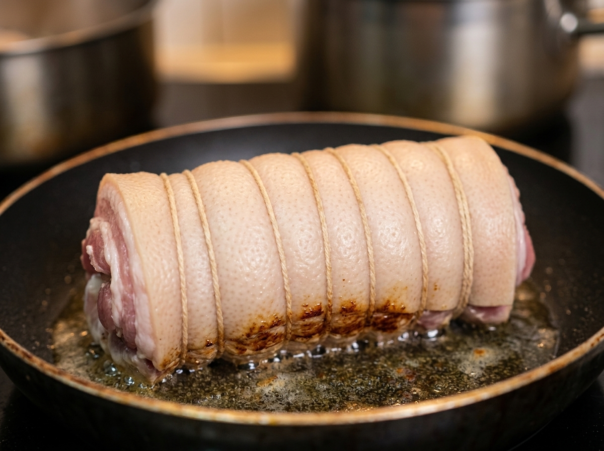 熱したフライパンでタコ糸で縛った豚バラ肉を焼いている様子