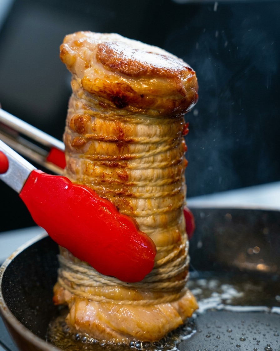 トングで持ち上げられた、こんがりと美しい焼き色のついた豚肉
