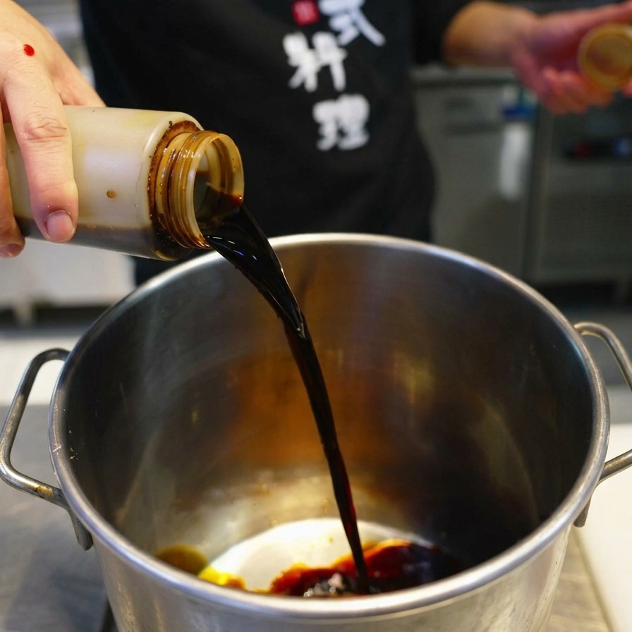 大きな鍋に濃口醤油を注ぎ入れている様子