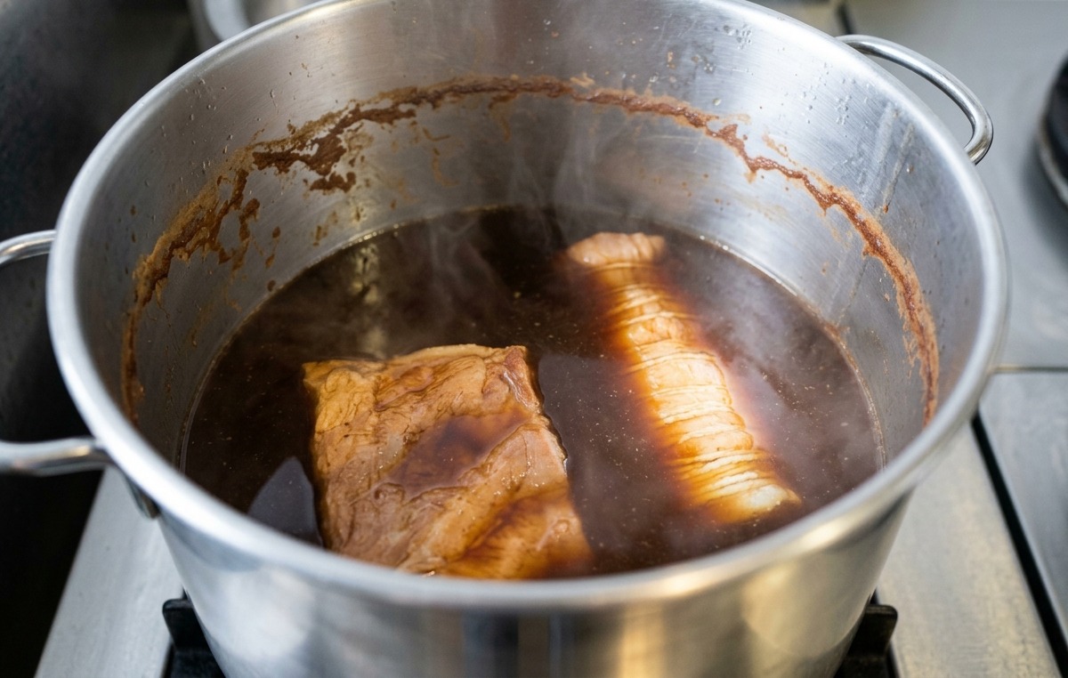 深い鍋の濃厚な煮汁の中で、タコ糸で縛られた豚肉がコトコトと煮込まれている様子