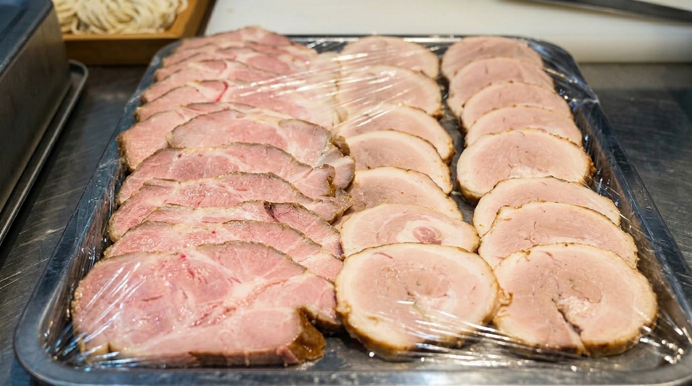 薄くスライスされた美しい円形の自家製チャーシュー。柔らかいお肉と、外側のこんがりとした色のコントラストが食欲をそそります。