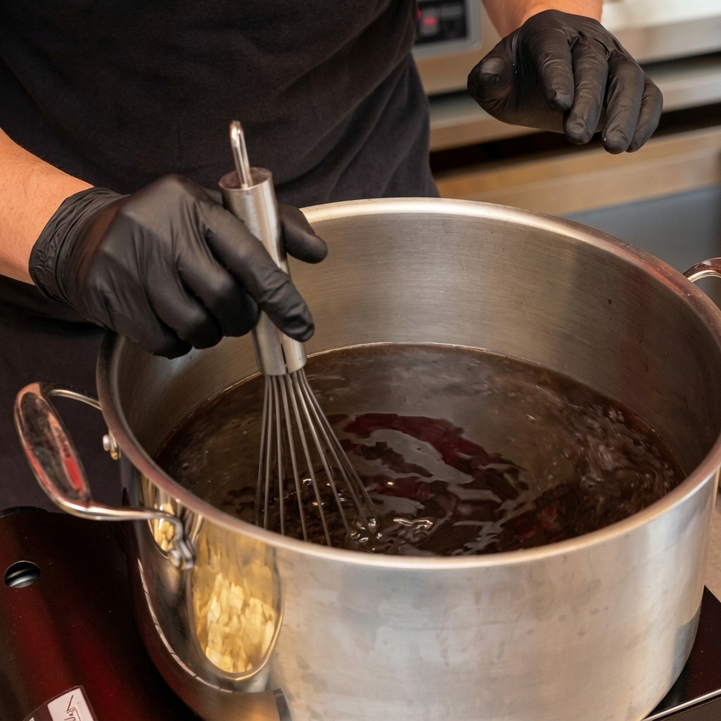 ステンレス鍋の中で、大きな泡立て器を使って黒っぽい液体を混ぜている手袋をはめた手。