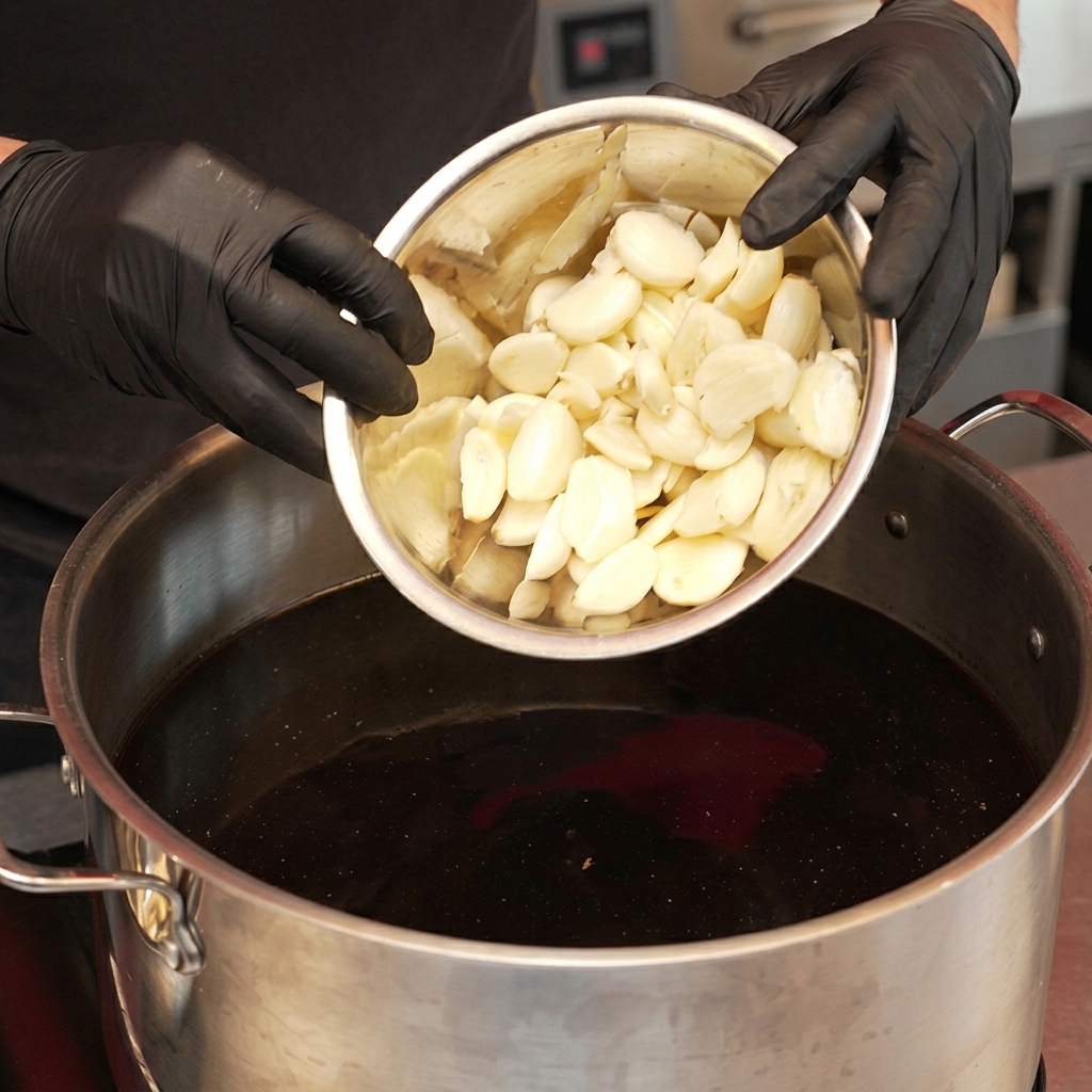 潰したにんにくがボウル一杯に入ったものを、濃い醤油の混合液に落とし入れている手袋をはめた手。