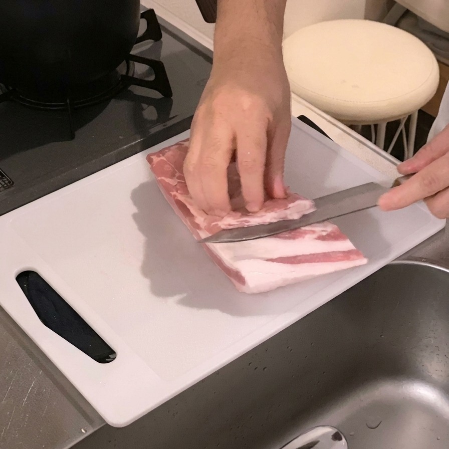 白いまな板の上で、生の豚バラ肉の内側に包丁で切り込みを入れている様子。