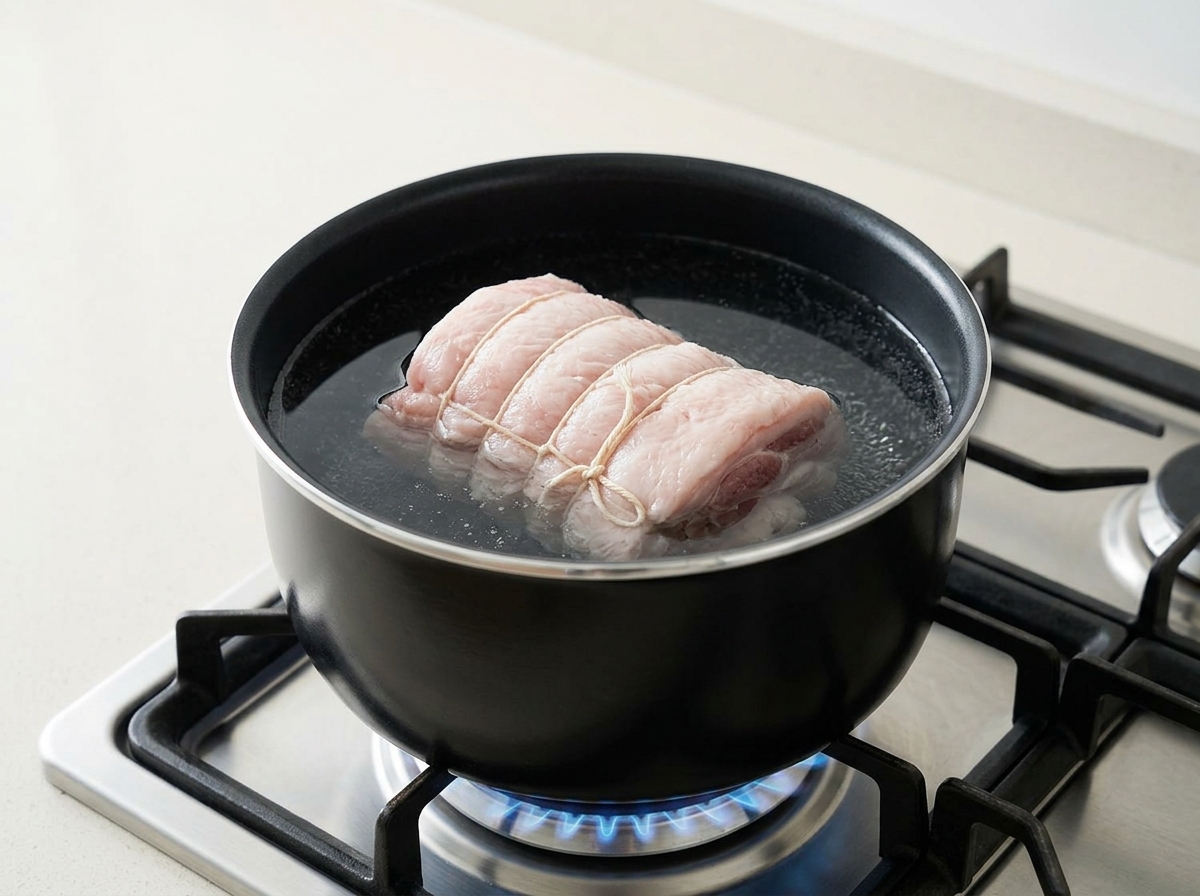 タコ糸で縛った円柱状の豚バラ肉を、ガスコンロの上の鍋で茹でている様子。