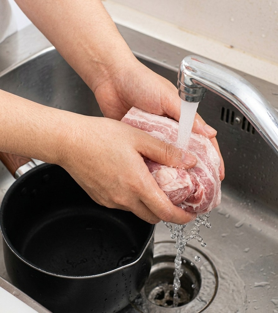 ステンレスのシンクで、下茹でした豚バラ肉を流水で洗い流している様子。