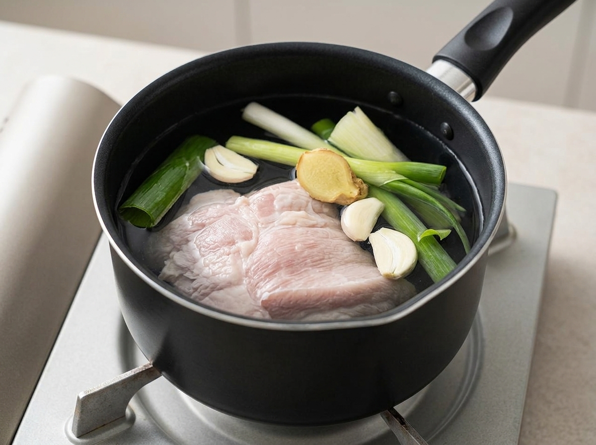 黒い鍋の中で、生の豚バラ肉が水に浸かり、長ねぎの青い部分、にんにく、スライスした生姜と一緒に入っている様子。