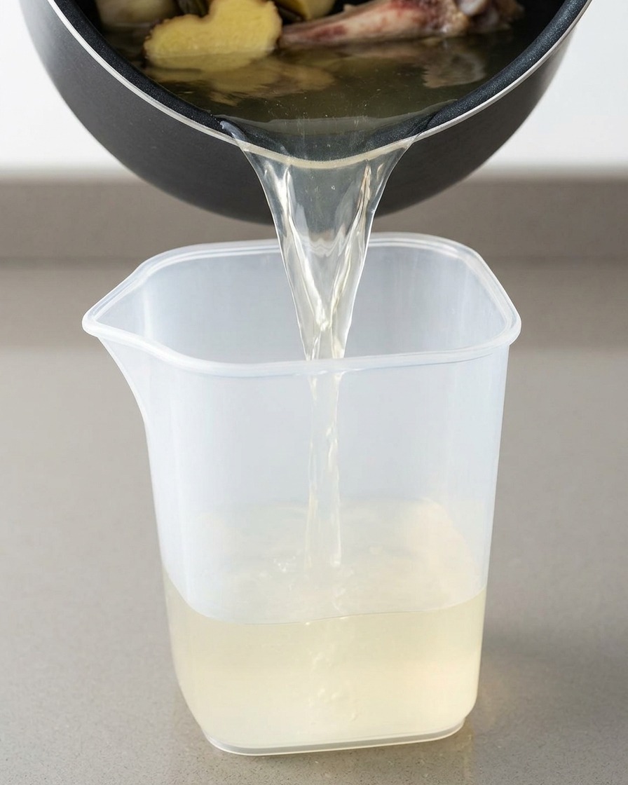鍋から透明な計量カップへ、白濁した豚の茹で汁を注いでいる様子。