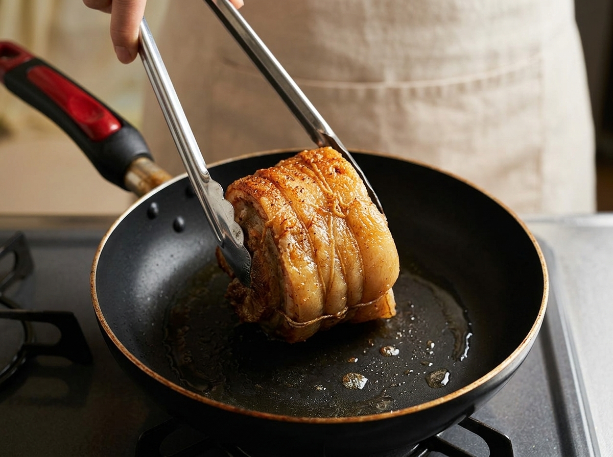 熱した油なしのフライパンで、トングを使ってタコ糸で縛った豚バラ肉を転がしながら均等に焼き色をつけている様子。