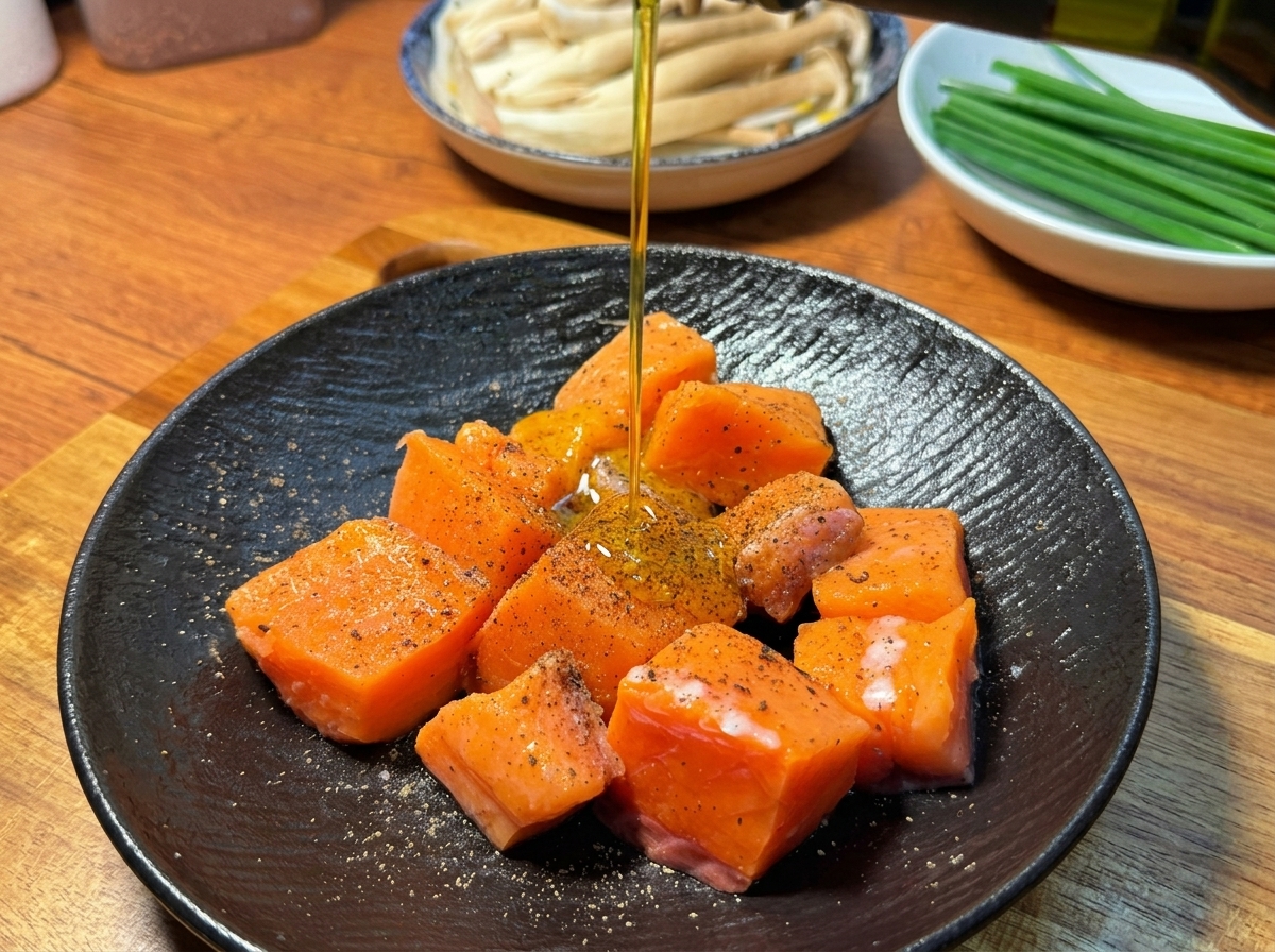 味付けした生のサーモンの上に、細い線を描くようにオリーブオイルを注いでいる様子。