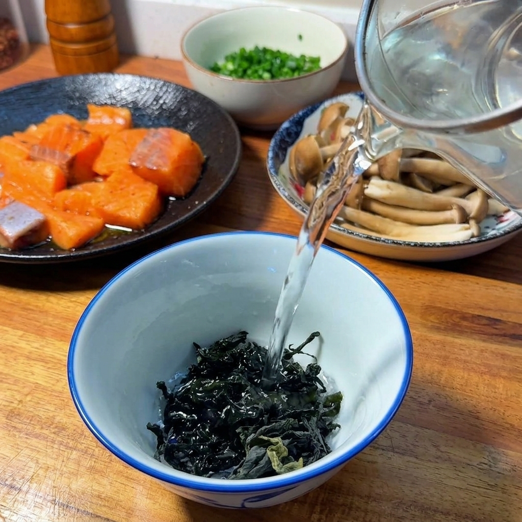青と白の器に入った乾燥わかめに、ピッチャーからお湯を注いでいる様子。
