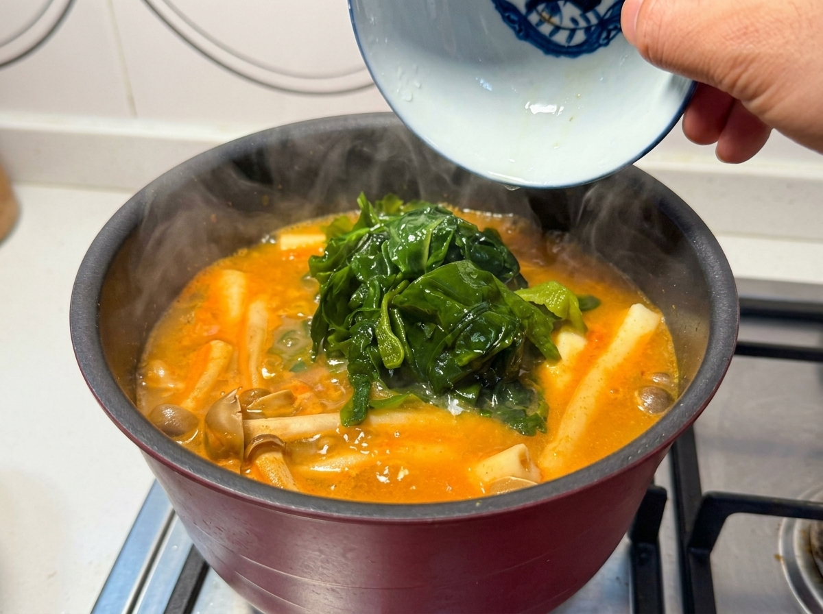 きのこが入った鍋に、戻したわかめを器から丁寧に入れている様子。