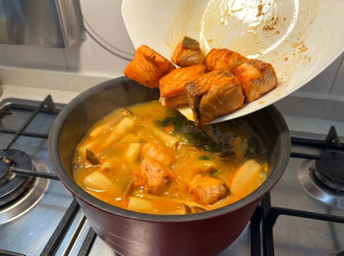 焼き色のついたサーモンを、皿からスープの入った鍋に滑らせるように戻している様子。