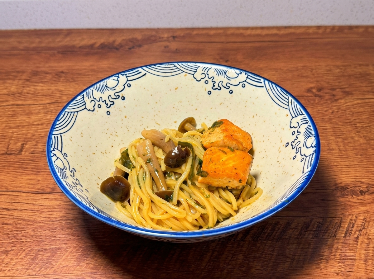 器に盛られた麺の上に、サーモン、きのこ、わかめを綺麗に並べ、スープを注いだ完成イメージ。