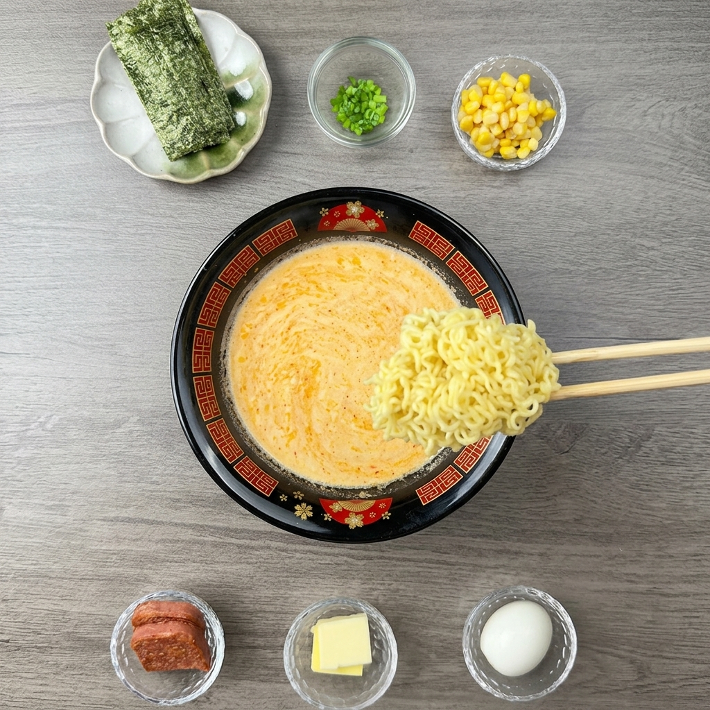クリーミーなスープの器に麺を移し、周りにトッピングが並んでいる様子。