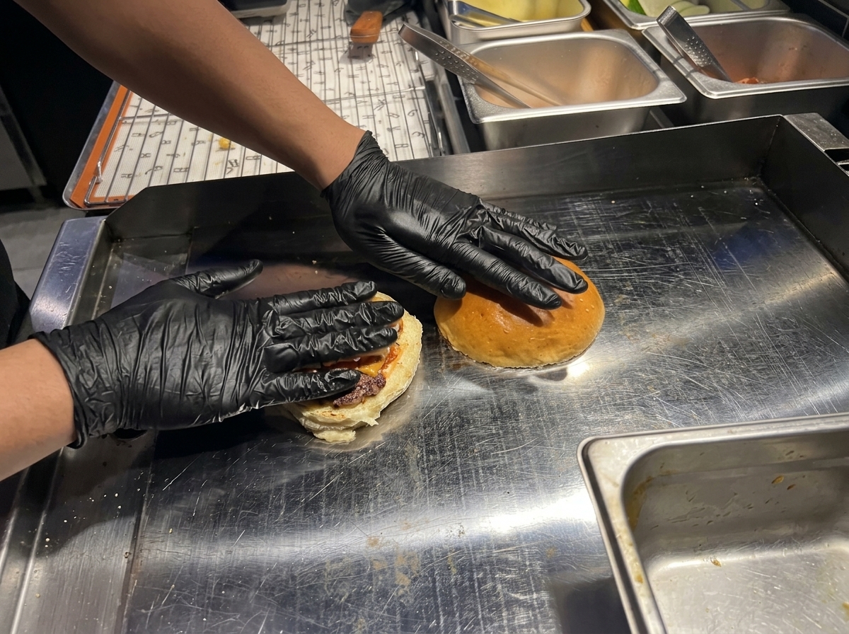 熱い鉄板の上で、バターを塗ったバンズの断面を下にして焼いている様子。