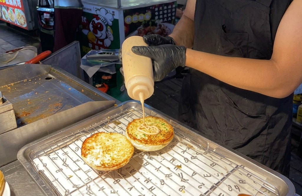 トーストしたバンズの上下に、オレンジ色のバーガーソースを絞り出している様子。