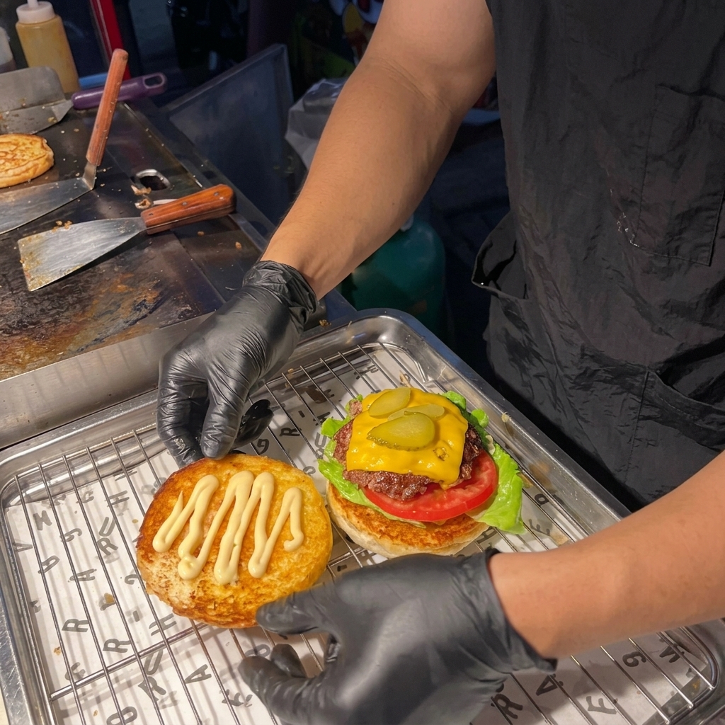 完成したバーガーに、上のバンズを被せて軽く押さえている様子。