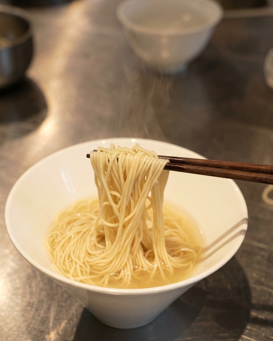 透明なスープが入った白い丼の中で、箸を使って麺を持ち上げ、きれいに折りたたんで整えている様子。