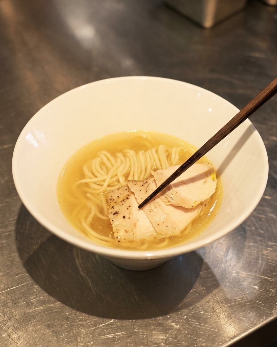 箸を使って、透明なスープに浸かった麺の上に、薄切りの鶏チャーシューを盛り付けている様子。