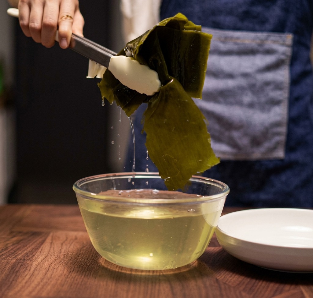 ボウルに入れられた水に浸かり、ふっくらと戻った大きなだし昆布をトングで持ち上げている様子。