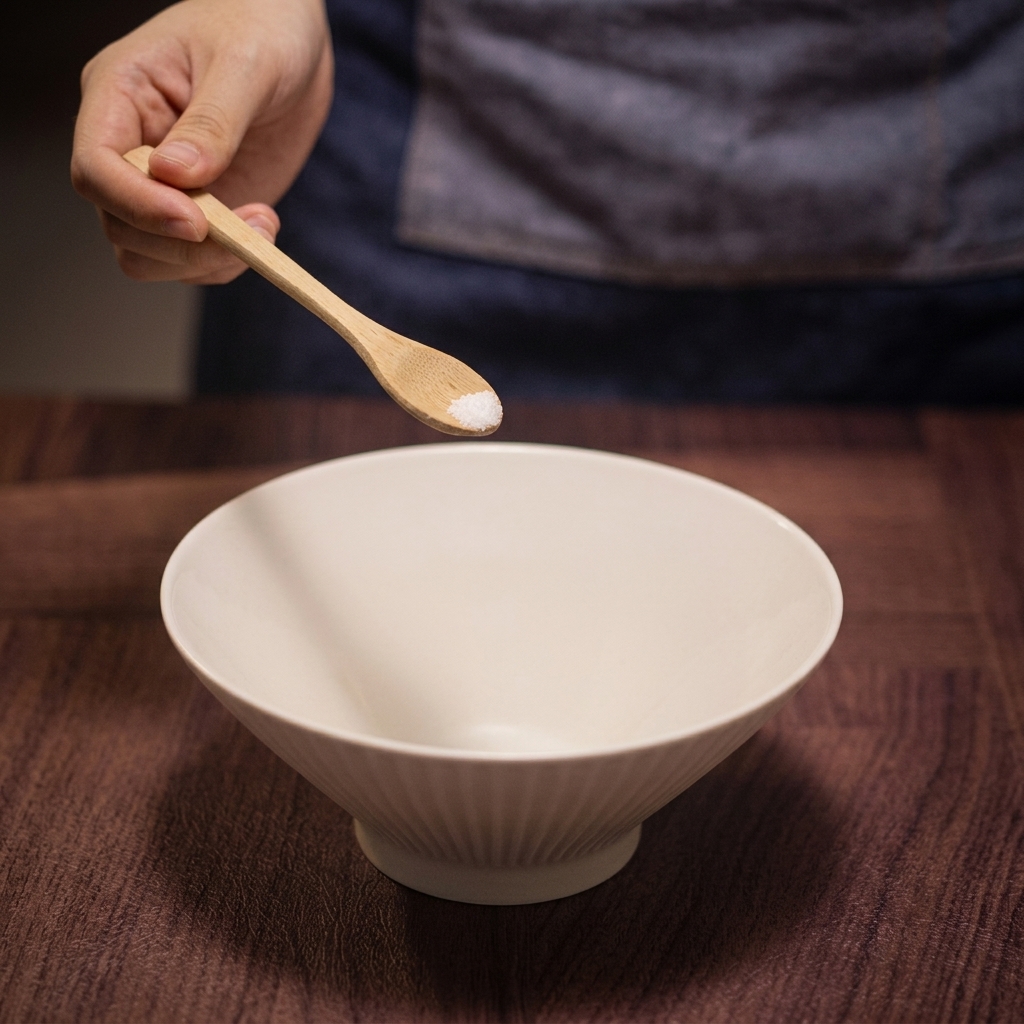 真っ白なラーメン丼の底に、木のスプーンでこだわりの海塩をひとさじ入れている様子。