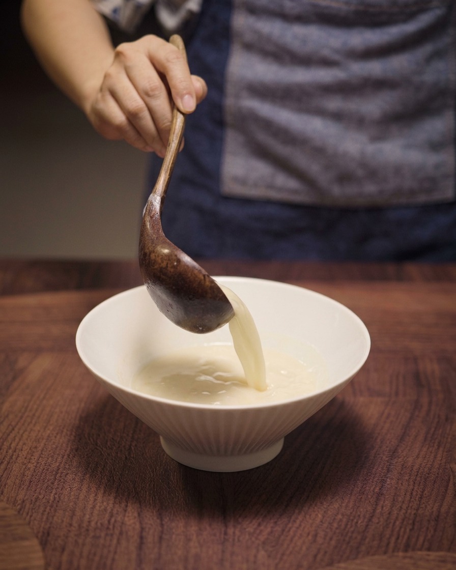 木製のお玉を使い、透明な黄金スープを丼の塩の上へ静かに注いでいる様子。